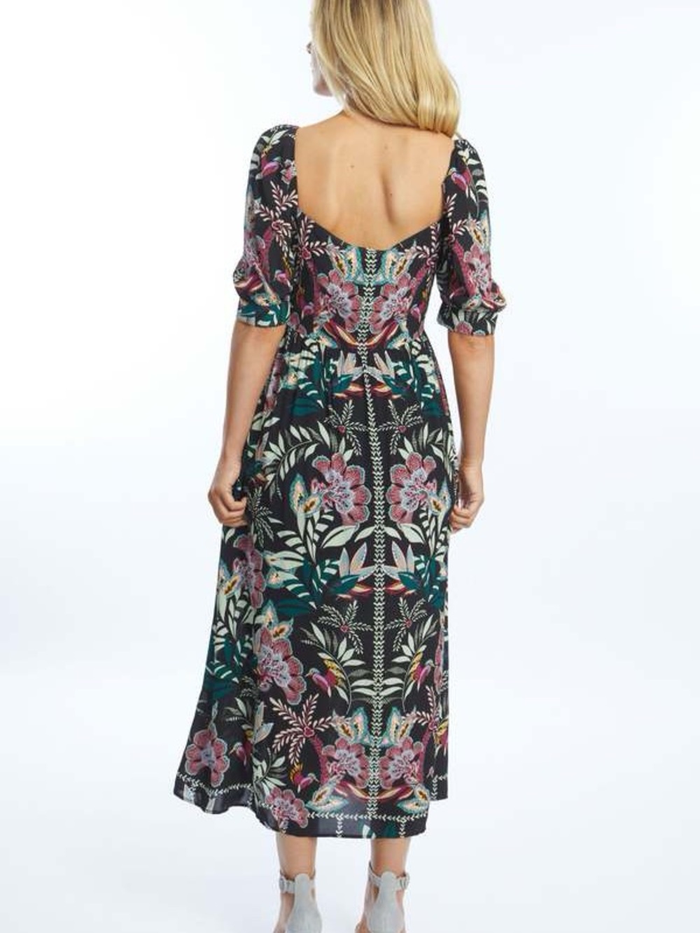 Caballero Aidette Dusk Maxi Dress Small Black Floral Puff Sleeve Boho Resort - Picture 2 of 5